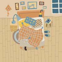 A mess in bedroom. Top view interior in flat style. cozy room with bed. snugly sleeping. vector. vector