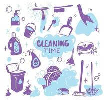 suministros de limpieza doodle aislado en blanco. productos de limpieza, botellas, spray, esponja, cepillo, guantes. varios artículos o herramientas de limpieza. concepto de las tareas del hogar. vector
