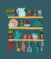 Kitchen shelves with cooking utensils and tools in flat style.