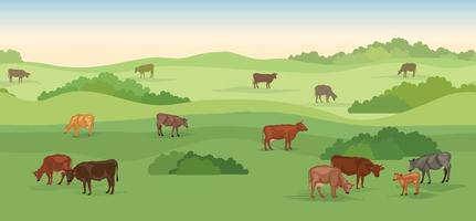 paisaje rural de la granja lechera con vacas sobre un horizonte panorámico sin fisuras. horizonte de colinas, prados, árboles y campos. Fondo de naturaleza de verano. pasto para vacas. vector