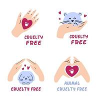 Pack of cruelty free badges. Hand drawn collection of animal testing ban labels. Not tested on animals, vegan cosmetic concept. Vector illustration.