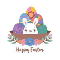 Painted easter eggs in a basket with a cute bunny in the middle vector