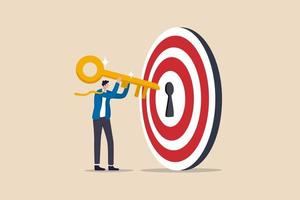 Key to success and achieve business target, KPI, career achievement or secret for success in work concept, businessman putting golden key into bullseye target key hold to unlock business success. vector