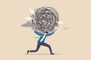 Stress burden, anxiety from work difficulty and overload, problem in economic crisis or pressure from too much responsibility concept, tired exhausted businessman carrying heavy messy line on his back vector