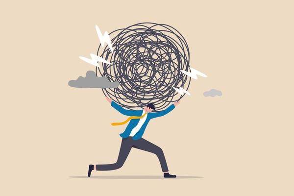 Stress burden, anxiety from work difficulty and overload, problem in economic crisis or pressure from too much responsibility concept, tired exhausted businessman carrying heavy messy line on his back