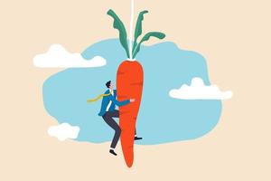 Motivation and incentive to motivate employee, reward or trick to influence people or manipulation concept, seduced businessman jump in the air to catch tempting carrot baiting lure from the stick. vector