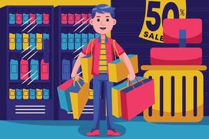 Happy young man shopping at the supermarket vector