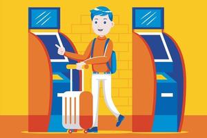 joven con máquina expendedora de billetes en el aeropuerto. vector
