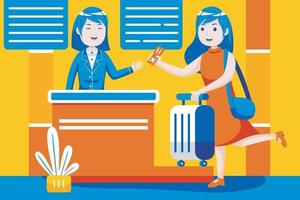 Woman checks in at desk counter gate at international airport. vector