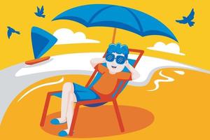 Happy man enjoys sitting in a chair at the beach. vector