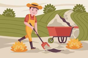 hombre agricultor cavando el suelo para plantar plantas. vector