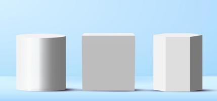 Set of 3D realistic blank white podiums pedestal stands in light blue stage platform vector