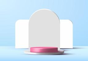 3D minimal scene cylinder podium in soft blue background with rounded rectangle backdrop vector