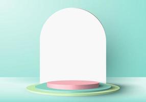 3D minimal scene green and pink cylinder podium in green mint background with rounded rectangle backdrop