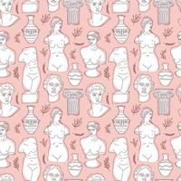 Ancient Greece and Rome set tradition and culture vector seamless pattern. The linear trend of the ancient surface pattern, Ancient Greece and Ancient Rome. Surface pattern on pink.