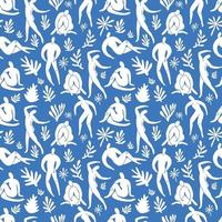Seamless pattern trendy doodle and abstract nature icons on blue background. Summer collection, unusual shapes in freehand matisse art style. Includes people, floral art. vector