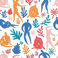 doodle de moda de patrones sin fisuras y personas abstractas iconos sobre fondo blanco. colección de verano, formas inusuales en estilo matisse art a mano alzada. incluye personas, arte floral. vector