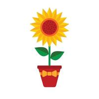 Sunflower with green leaves in a pot with a bow in a rustic style in flat style isolated on white background. Vector Illustration