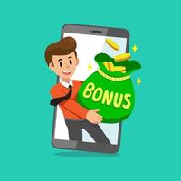 Cartoon businessman with big bonus money bag on smartphone screen vector