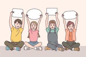 Young students are sitting and holding blank papers in their hands. vector