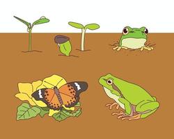 In spring, frogs and sprouts are emerging from the soil. vector