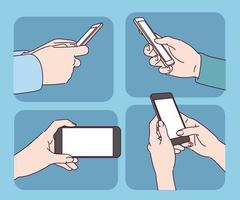 Various poses of the hand looking at the mobile phone. vector