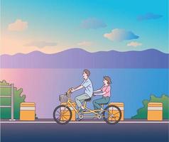 un hombre y una mujer están saliendo en una bicicleta de pareja. vector