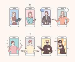 los personajes de la pantalla del teléfono móvil realizan varios gestos. vector