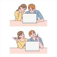 The boy and the girl look at the laptop and make an expression that they know something. vector