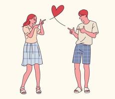 A cute male and female couple shooting arrows of love at each other. vector