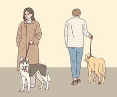 A man and a woman are taking a walk with a dog. vector