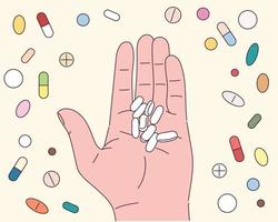 The pills on the hand. vector