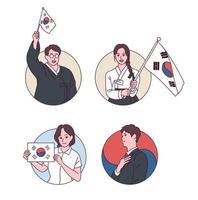 People in traditional Korean costumes are waving Taegeukgi. vector