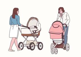 Front and back views of women walking with strollers. vector