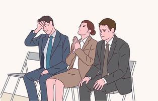 People in suits are praying while waiting for the interview with nervous expressions. vector