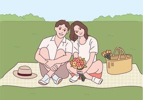 A couple is sitting romantically on a mat. vector