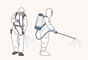 People in quarantine uniforms are spraying disinfectants. vector