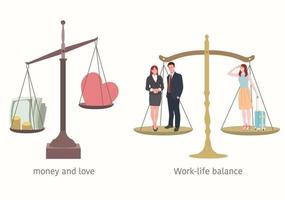 Work and life balance. The weight of money and love. vector