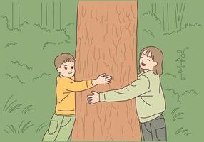 los niños abrazan el árbol con amor por el árbol. vector