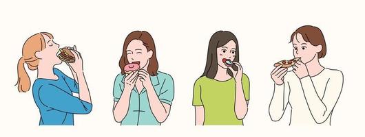 las mujeres comen deliciosamente. vector