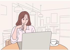 una niña está estudiando en el café vector
