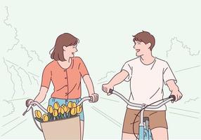 una pareja se divierte montando en bicicleta. vector