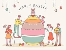 Easter characters. People are decorating Easter eggs together. flat design style minimal vector illustration.