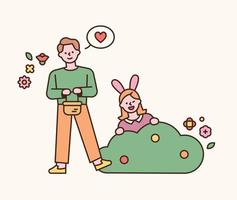 Easter characters. A girl in a rabbit's headband jumps out of the bush, and a boy with a basket of eggs stands next to it. flat design style minimal vector illustration.