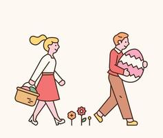 Easter characters. A boy and a girl are walking with Easter eggs in their hands. flat design style minimal vector