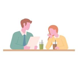 Two people are sitting at a cafe table. One is worried and the other is listening. flat design style minimal vector illustration.