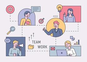 gente de negocios conectada entre sí a través de una red y trabajando en equipo. Ilustración de vector mínimo de estilo de diseño plano.
