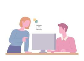 Two people are talking at an office desk. The boss is giving instructions. flat design style minimal vector illustration.