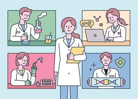 Researchers doing various experiments in the lab. flat design style minimal vector illustration.