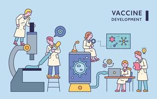 Doctors doing research with huge equipment in the lab. flat design style minimal vector illustration.